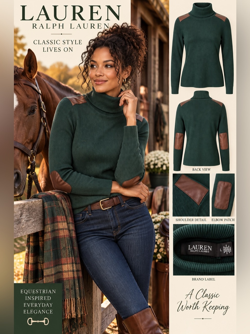 Lauren Ralph Lauren Forest Green Ribbed Turtleneck w/Brown Elbow Patches Large